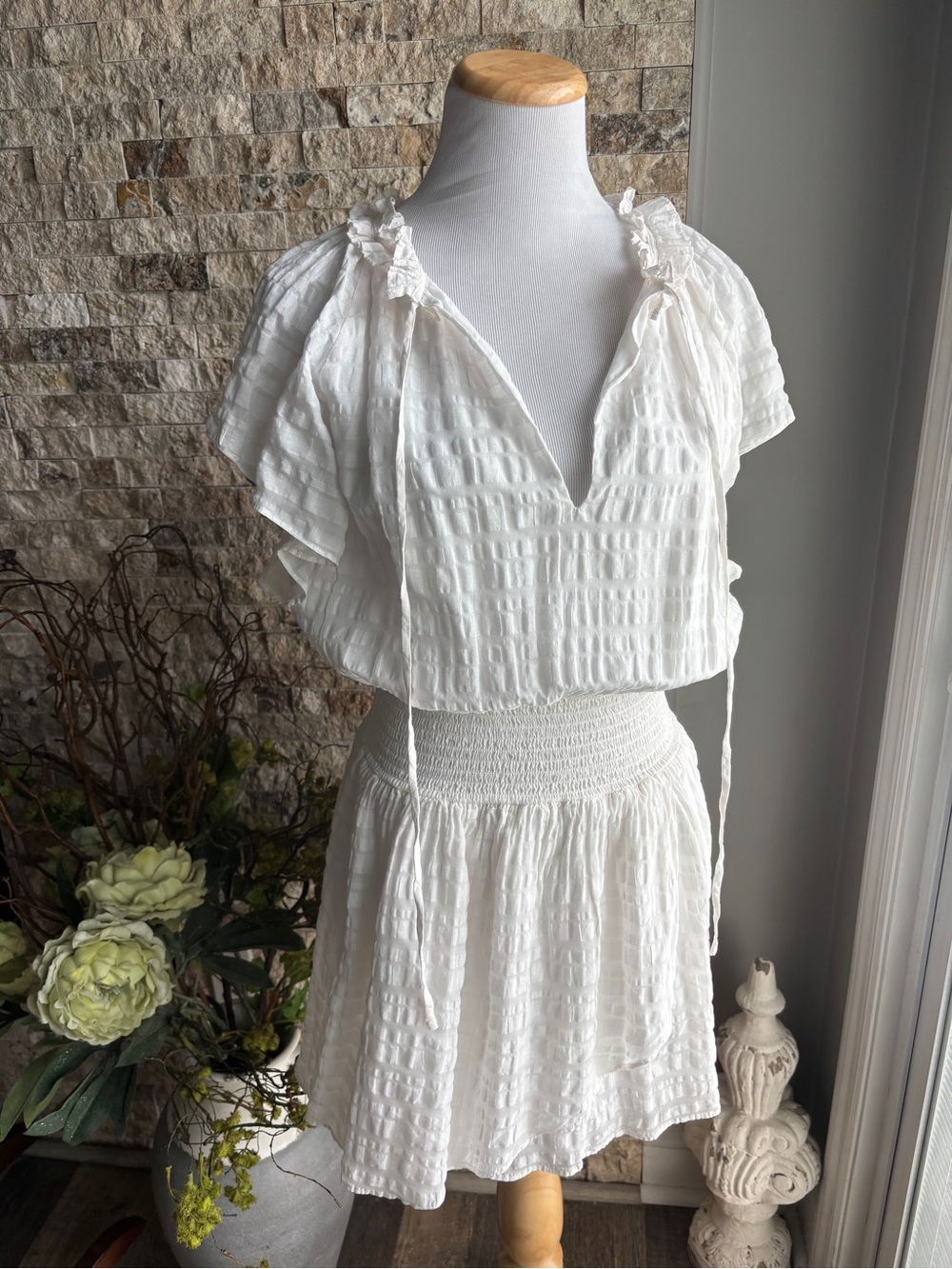 Ramy Brook White Textured Smocked Mini Skirt with Ruffle Hem